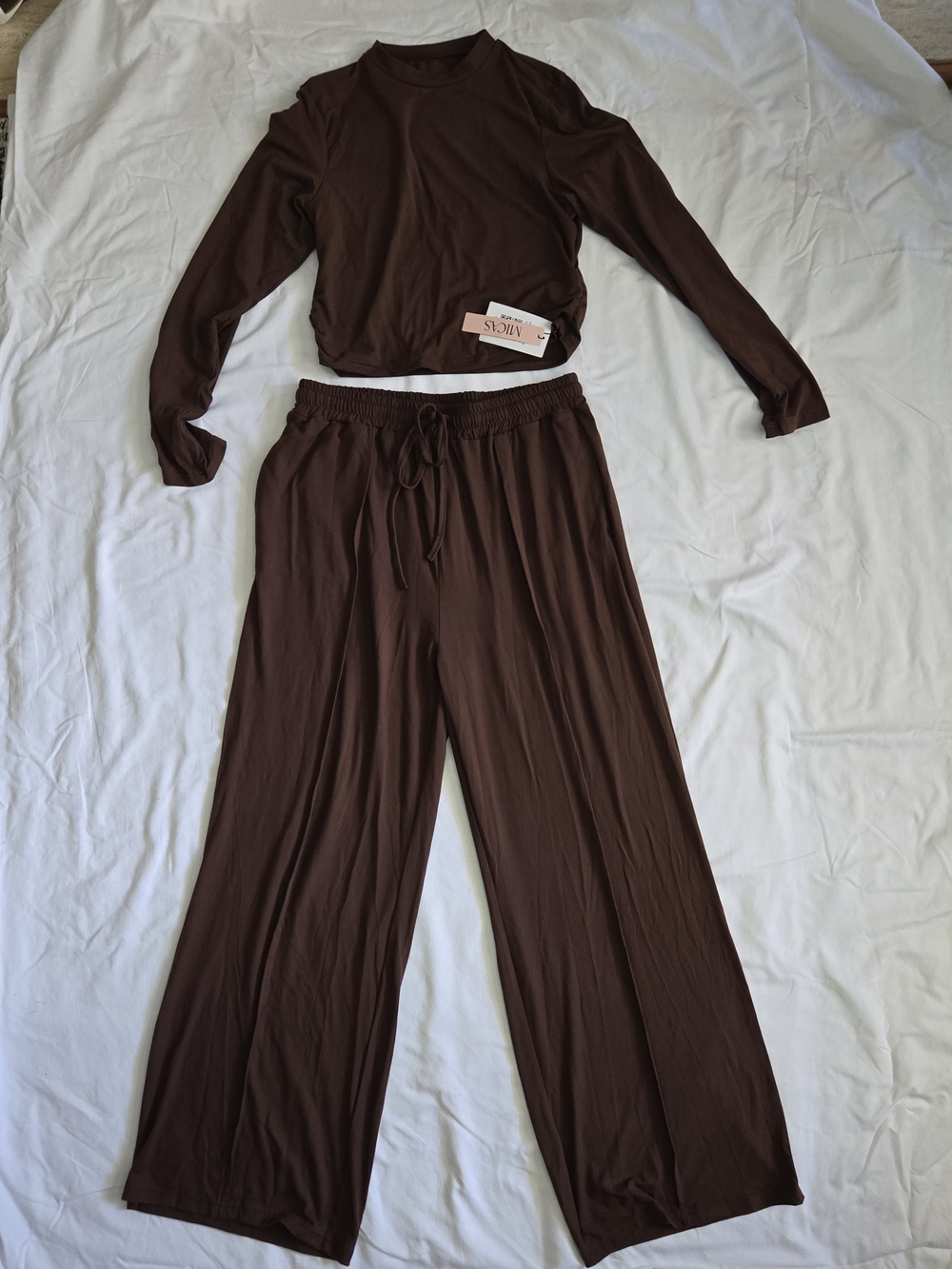 Women's Brown Lounge Wide-Leg Pants & Long-Sleeve Top Set